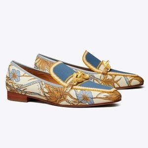 New Tory Burch Jessa Loafer, Blue Gold Cream Classic Floral Leather Slip Ons, 8